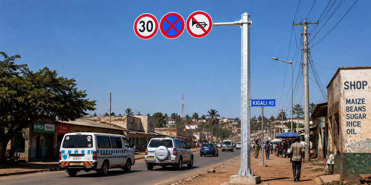 An Octagonal Galvanized Steel Pole on An African Street.
