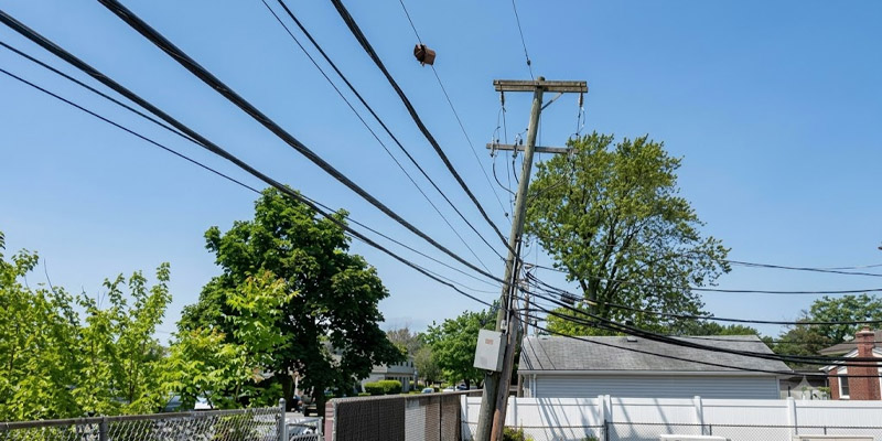 leaning utility pole and soil erosion inspection after heavy rain