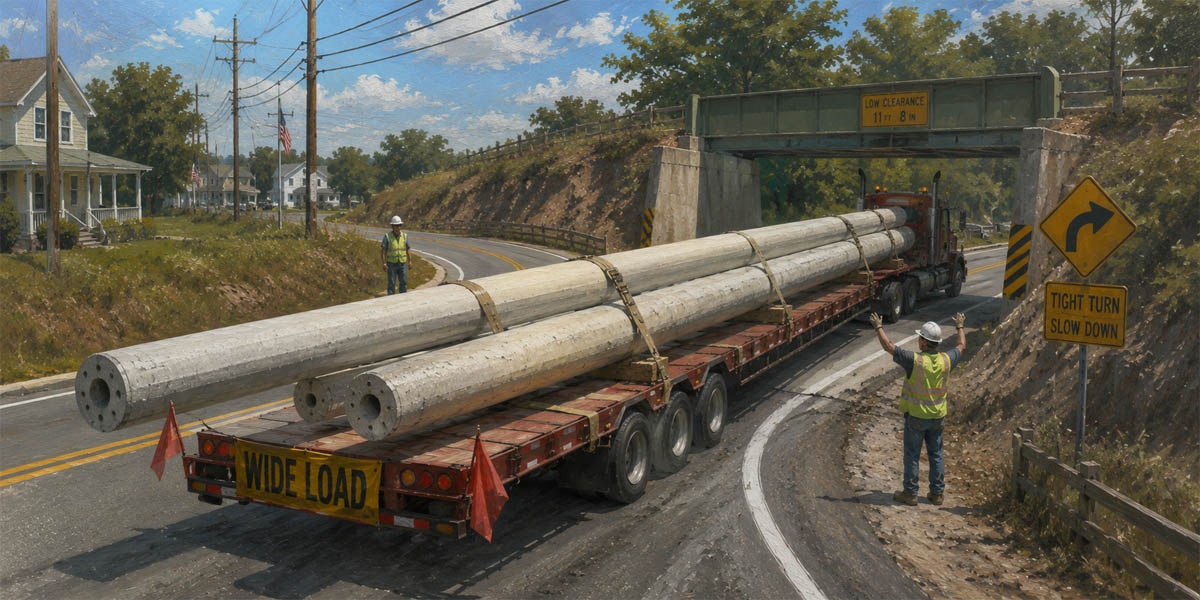 Transporting Concrete Utility Poles on Rural Roads.