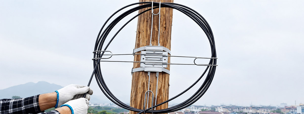 Fiber optic cable slack storage on a wooden pole