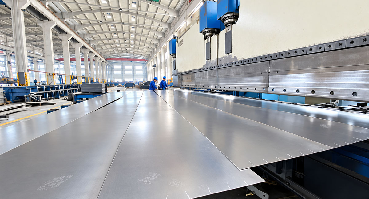 Steel sheet positioned in a large bending machine