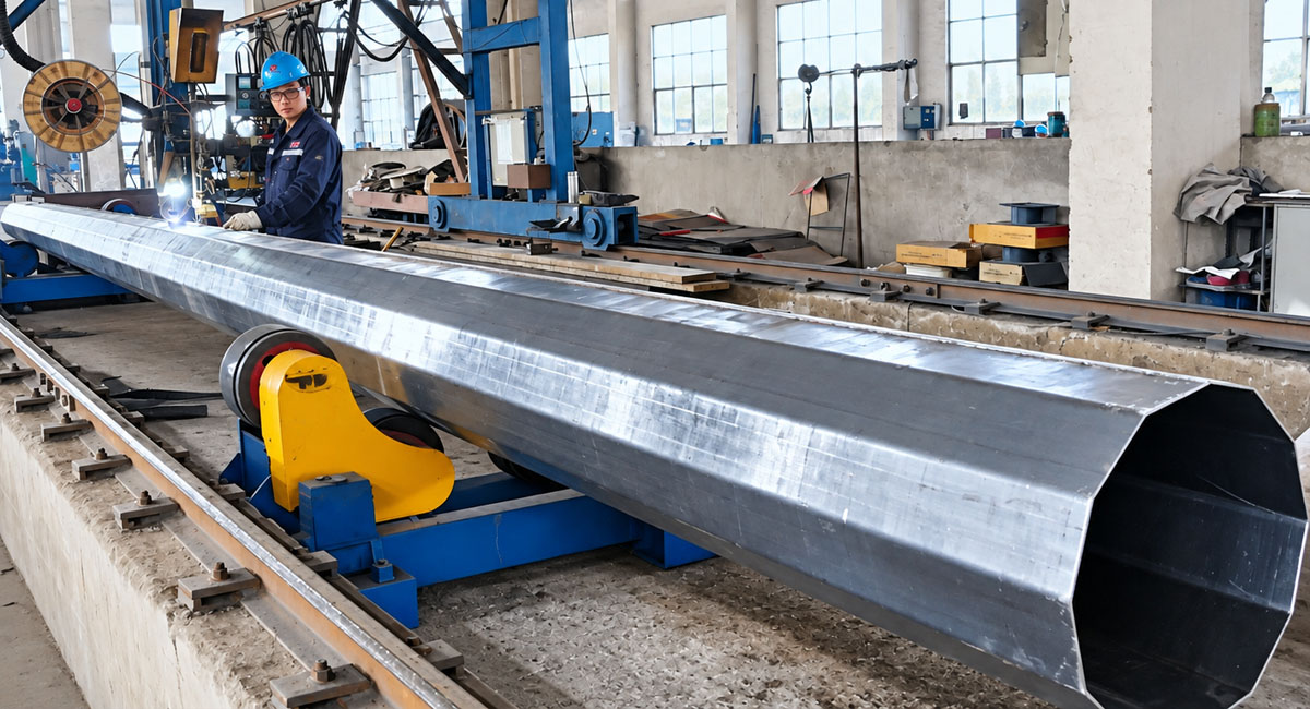 Polygonal steel pole supported on rollers during fabrication