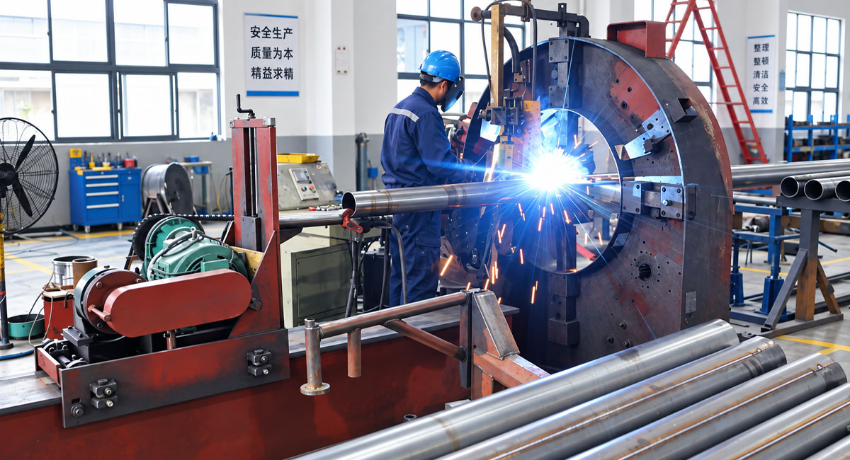 Welding a steel pole on rotating fabrication equipment